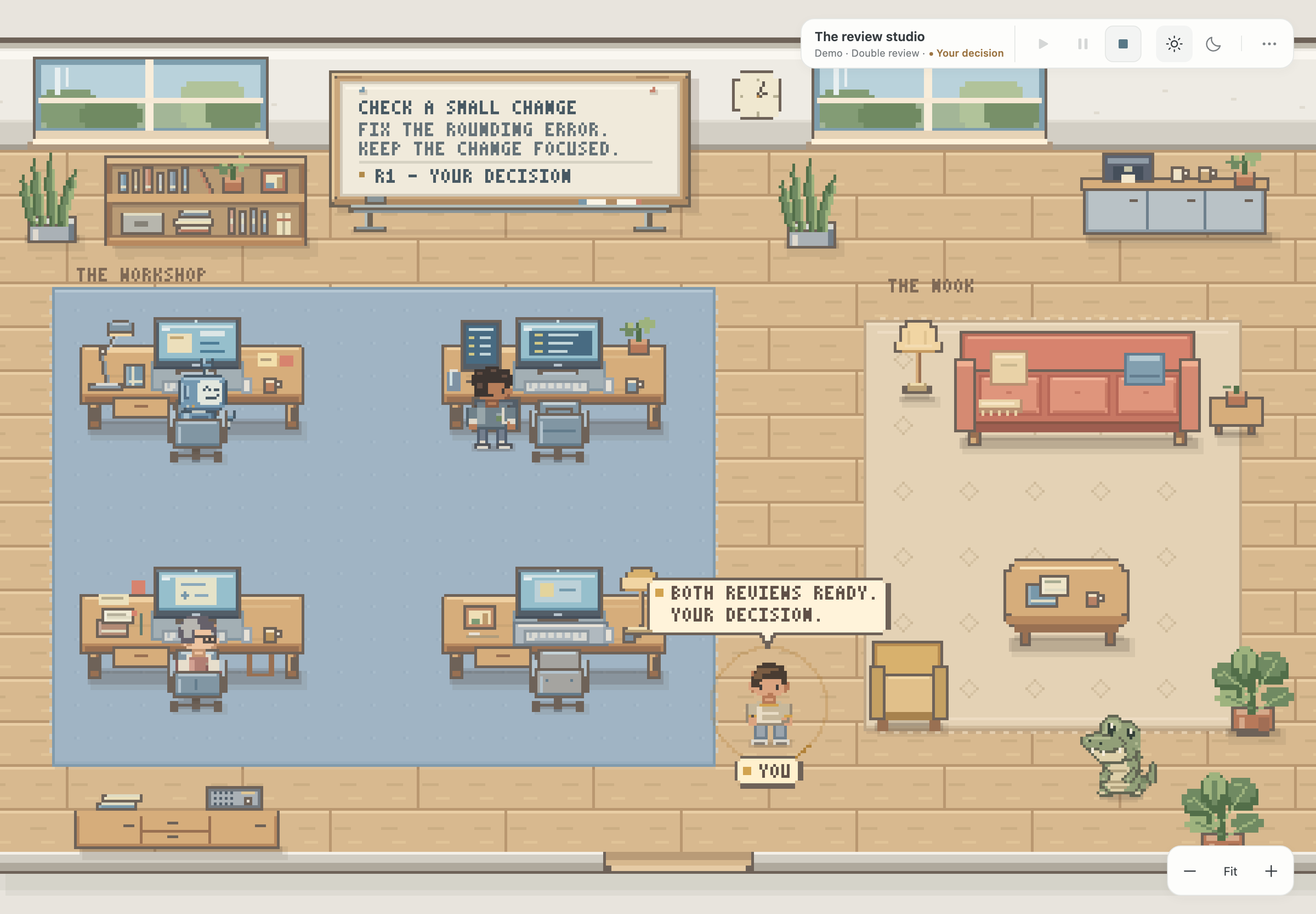 ZipperCrew's pixel office, with two reviewers and a worker handing the decision back to you