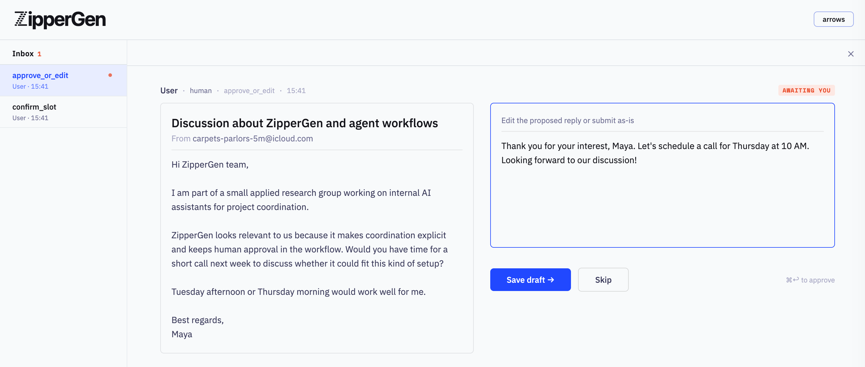 ZipperChat detail view with email context on the left and a draft reply form on the right